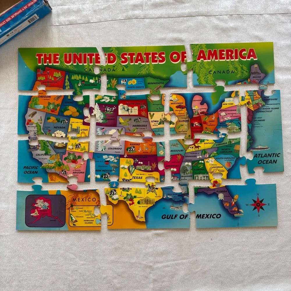 Vintage First Learning Wooden USA Map Floor Puzzle 26 Pcs 36x24 Complete OpenBox
